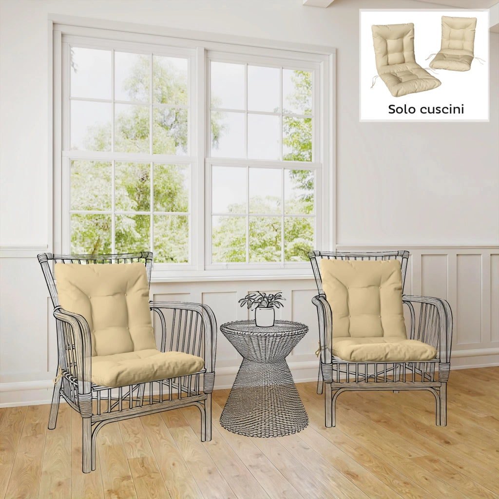 Set 2 Cuscini per Sedie da Esterno con Lacci di Fissaggio, in Poliestere e Cotone, 120x50x8 cm, Beige
