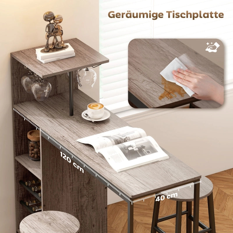 Set tavolo bar 3 pezzi con portabottiglie, portabicchieri e 2 sgabelli salvaspazio grigio