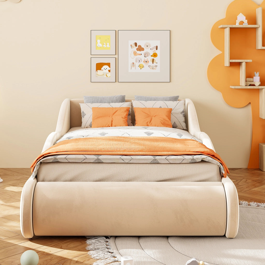 Letto singolo imbottito per bambini 90x200 cm in velluto beige con sponde laterali