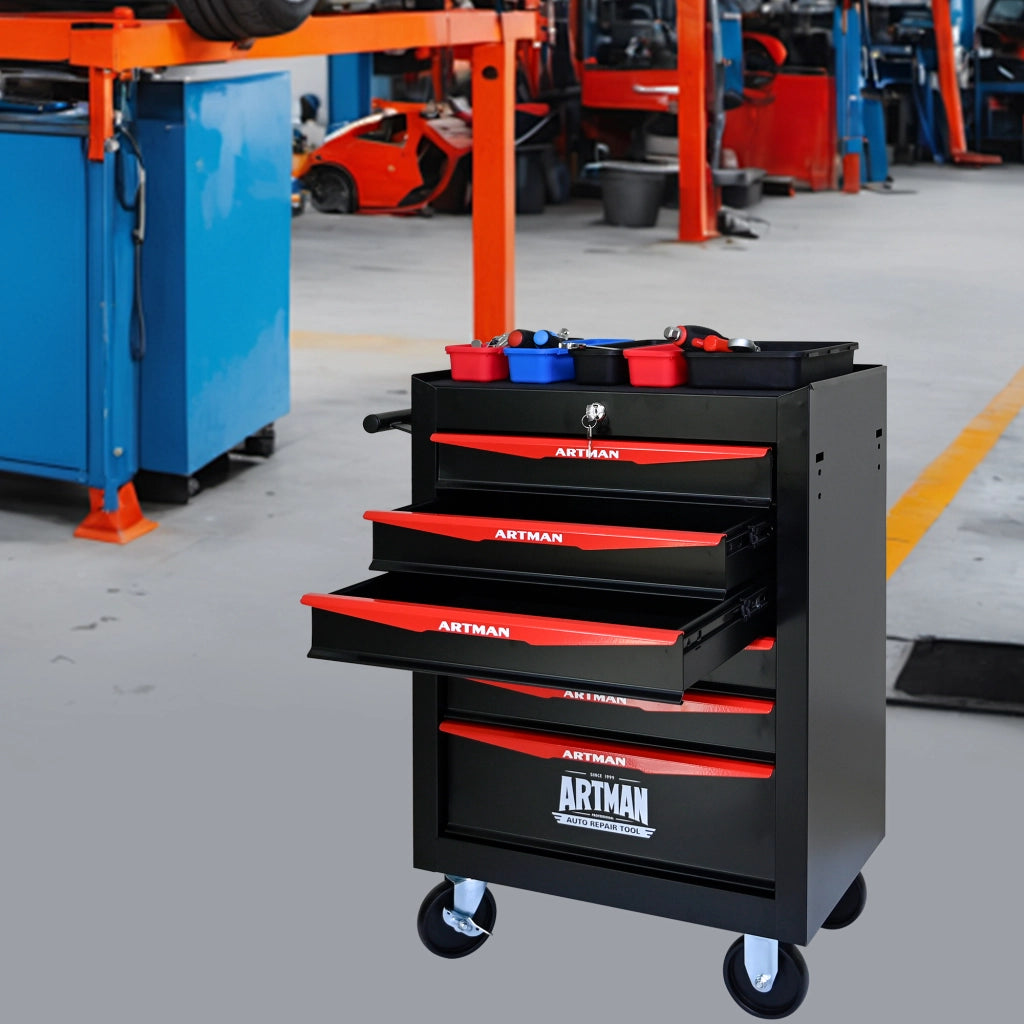 Cassettiera con ruote a 6 cassetti in acciaio con serratura, per garage e officina, nero e rosso, 60 × 33 × 77,5 cm