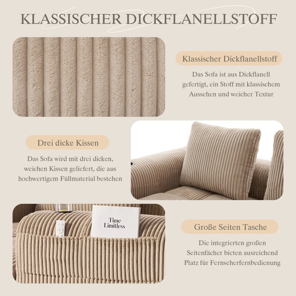 SOFA Modulare in Cord 253x158x61 cm Khaki con tasche laterali, portabicchieri e 3 cuscini