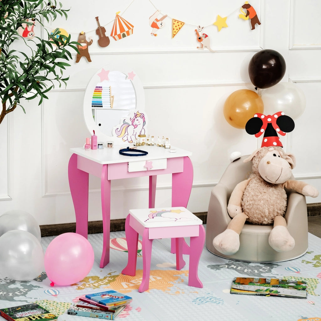 Toeletta per bambine, toeletta principesse con sgabello specchio smontabile e cassetto, Rosa e bianco-Toelette per bimbi
