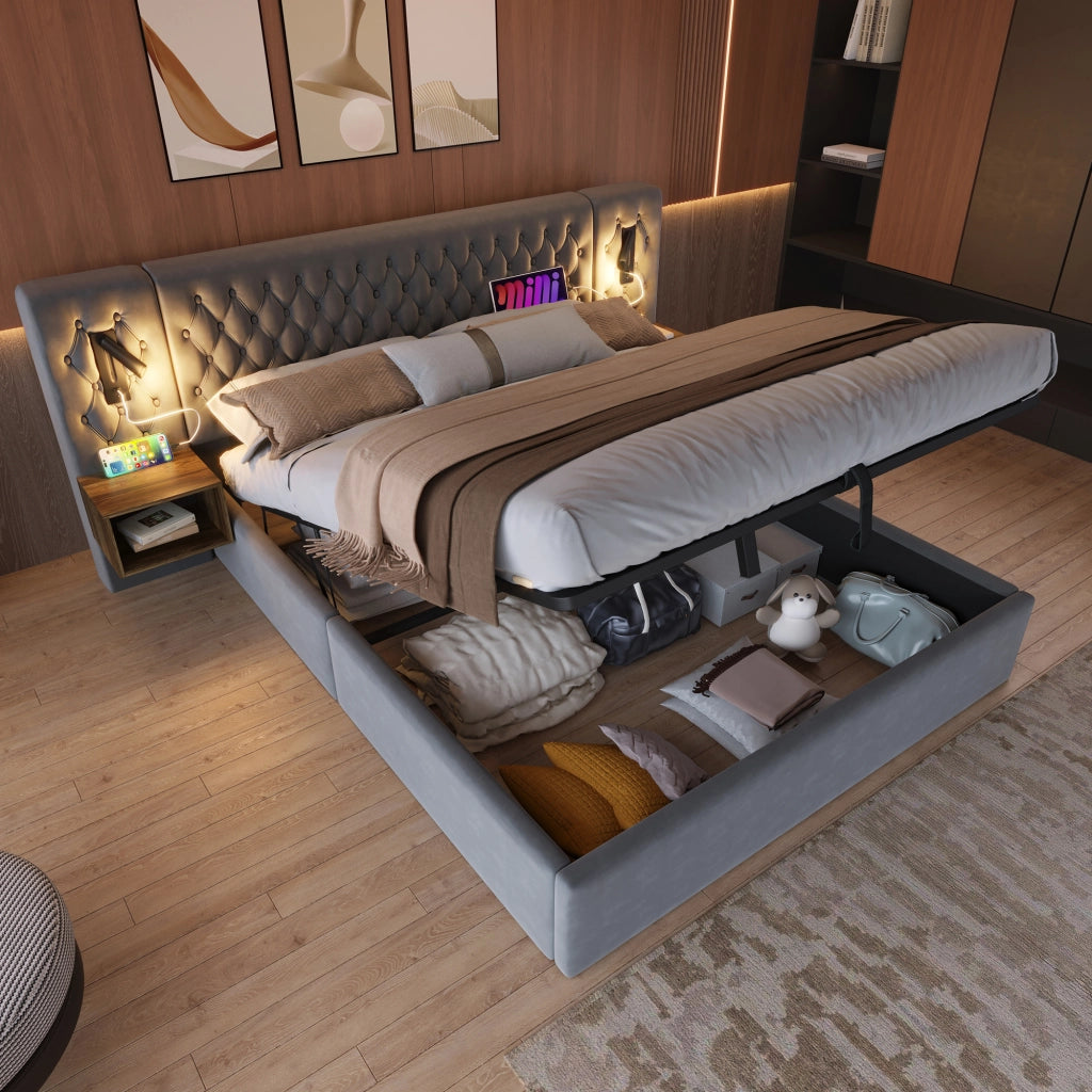 OKWISH Camera Completa con Letto Contenitore Idraulico 180 x 200 cm e 2 Comodini con Luci da Lettura e Porte USB, Velluto Grigio