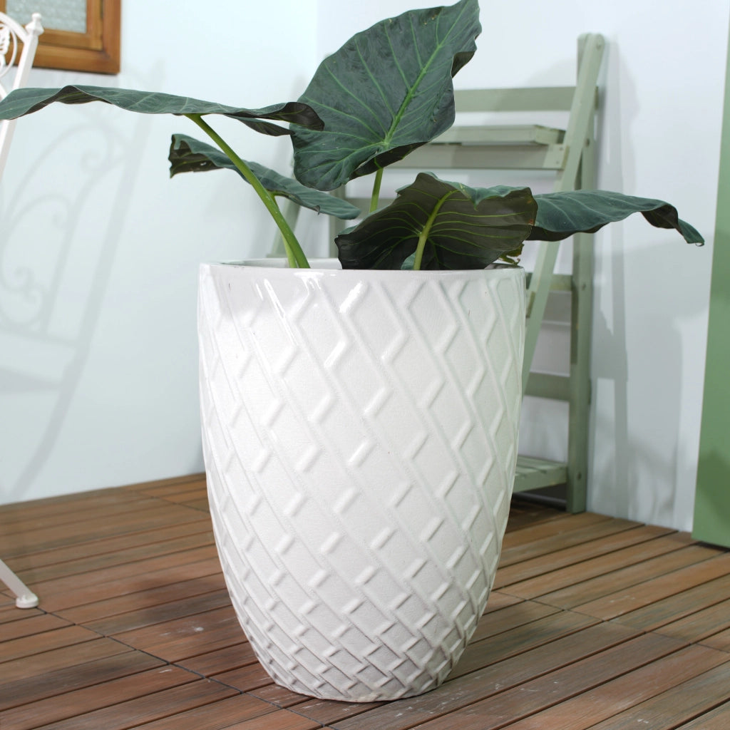 Fioriera a più livelli in ceramica lucida bianca con motivo a rombi per piante grandi da interno e giardino 42 × 54 cm