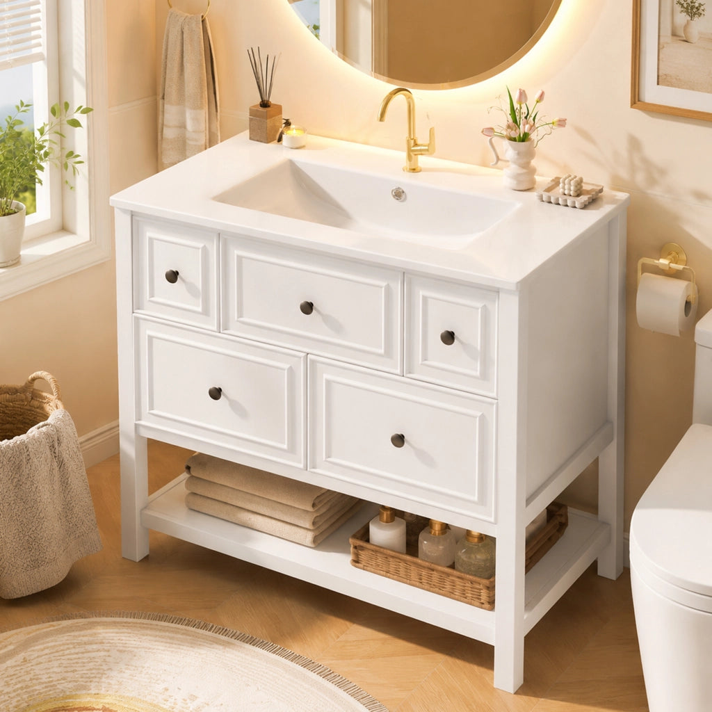 Mobile sottolavabo con lavabo in ceramica e 5 cassetti - per bagno - 76×46.5×82 cm - bianco