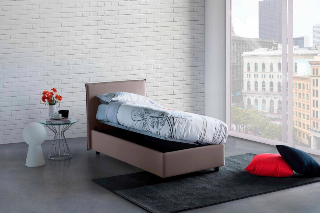 Letto singolo Astor, Letto contenitore con rivestimento in tessuto, Made in Italy, Apertura laterale, con materasso cm 80x190 incluso, Tortora