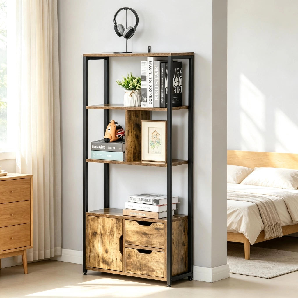 LIBRERIA 58x24x122 cm Nero ed Effetto Legno Antico con Ripiani e Armadietto