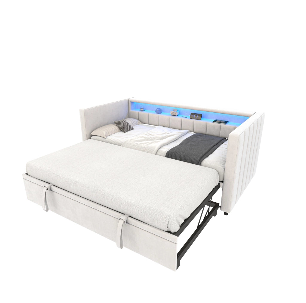 Divano letto estraibile 90x190 cm in velluto beige con LED; USB Type-C e struttura legno-metallo