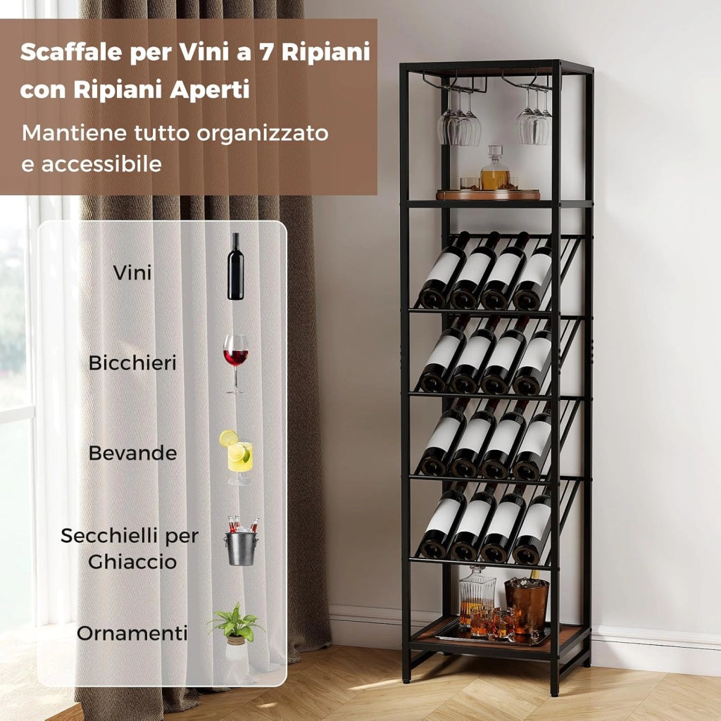 Portabottiglie da Terra a 7 Livelli, Cantinetta Portabottiglie di Vino con Portabicchieri e Piano d'Appoggio, per 16 Bottiglie, Scaffale Espositivo per Vino per Bar, Cucina e Sala da Pranzo
