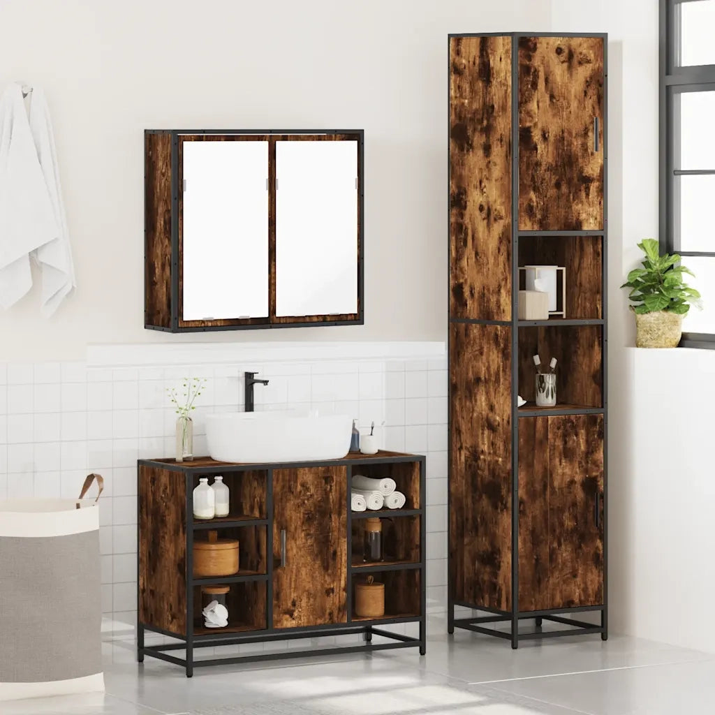 Set Mobili da Bagno 3 pz Rovere Fumo in Legno Multistrato 3301092