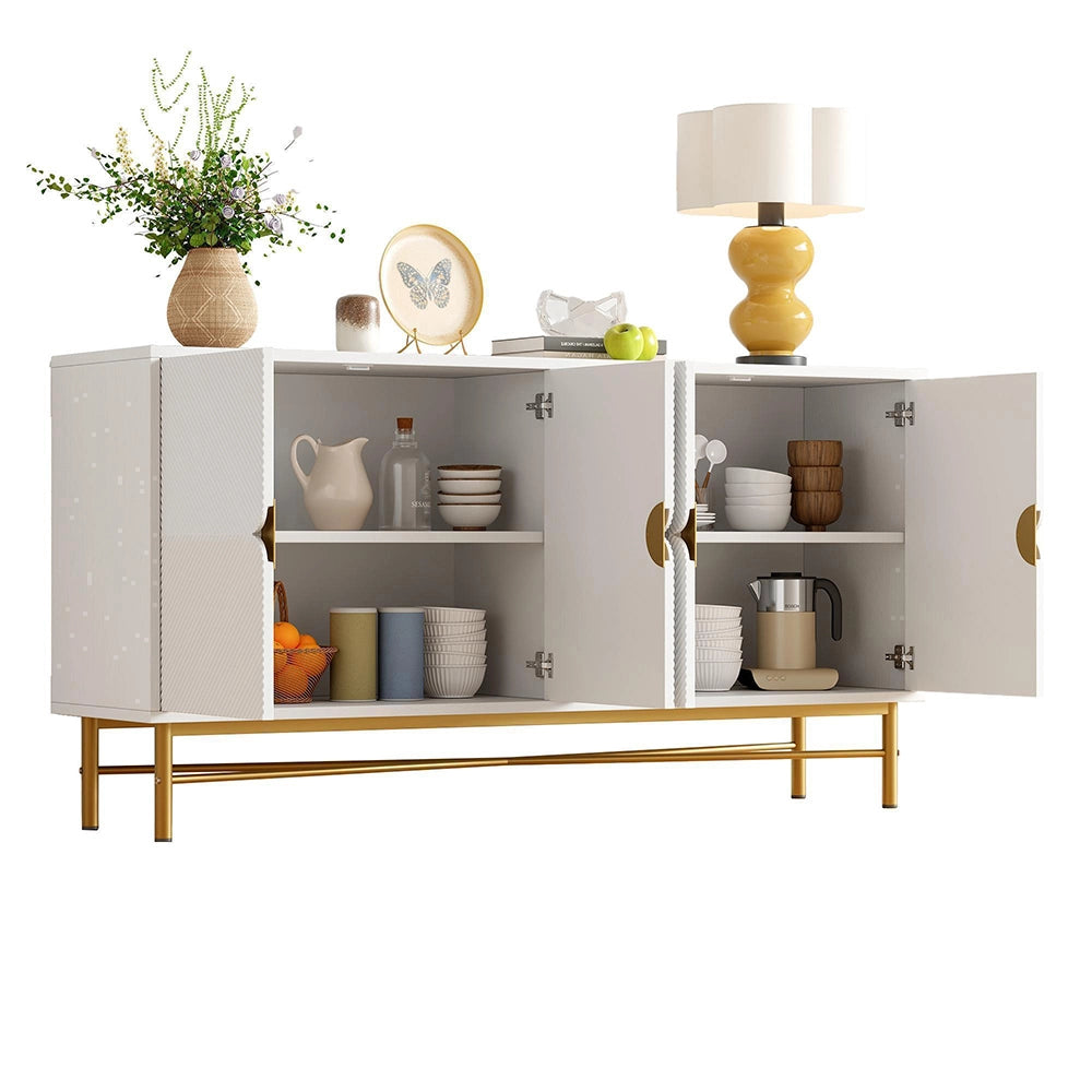 Credenza 160cm Texturizzata - Xylo - 4 Ante con Maniglie Oro, Colore Bianco