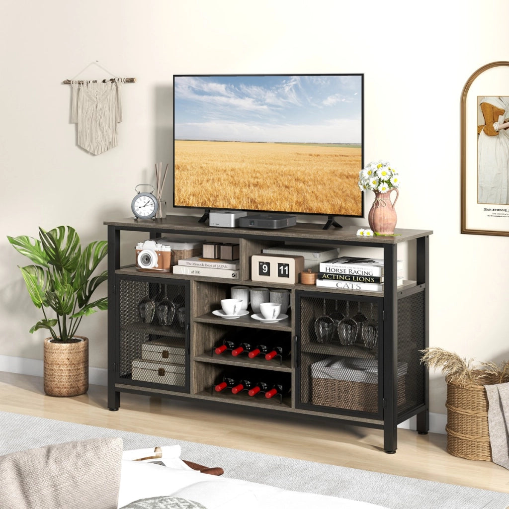 Credenza per vino da 140cm con portabottiglie per 8 bottiglie-Mobiletto per caff¨¨ con porte in rete metallica Grigio