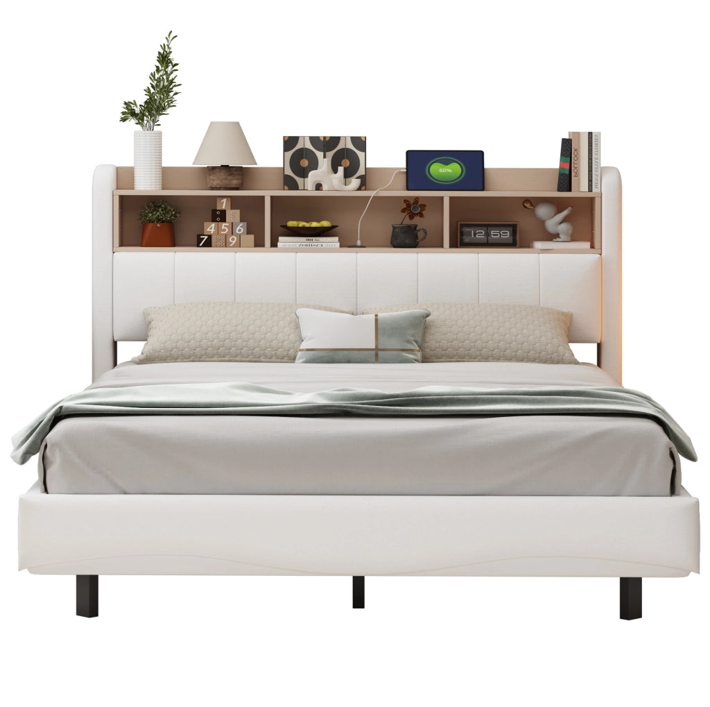 Letto imbottito 160x200 con LED, USB-C e vano contenitivo beige