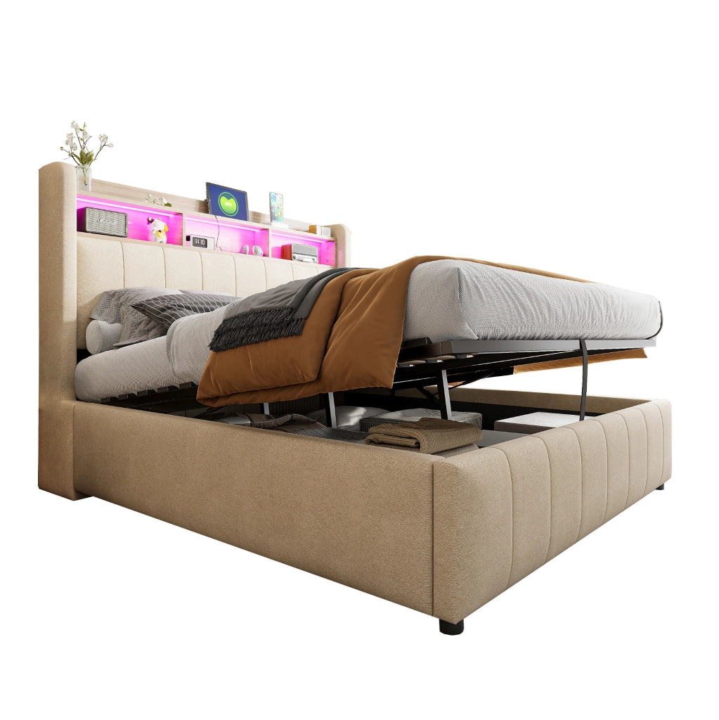 Letto matrimoniale imbottito 140x200 cm con LED; USB e contenitore idraulico; beige