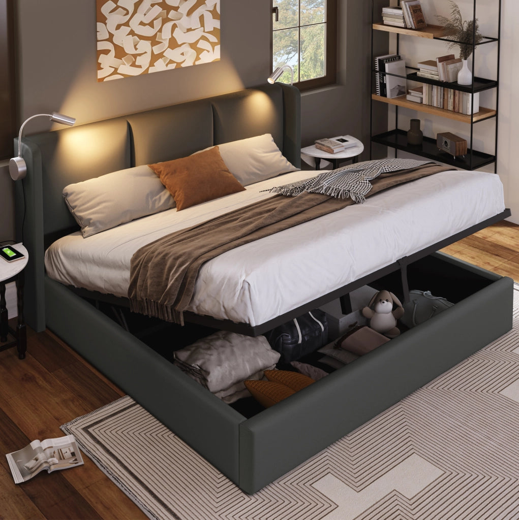 Letto matrimoniale imbottito 160x200 cm con contenitore; luce da lettura e presa USB; grigio