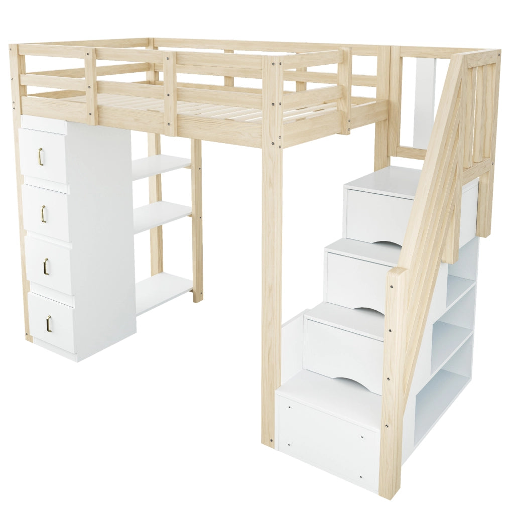 LETTO A CASTELLO 90x200 cm in legno naturale con 4 cassetti e scaffale