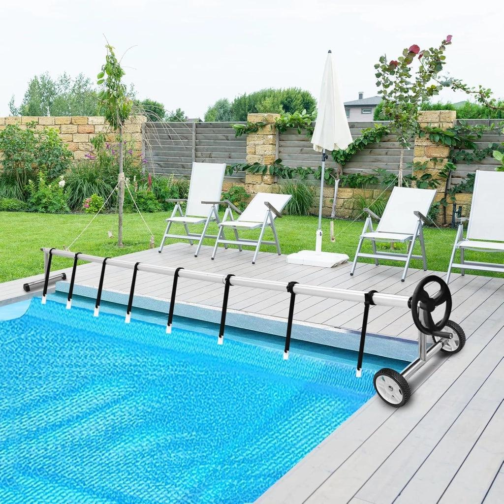 Rullo Avvolgitore per Piscina, Avvolgitore Telo Piscina 7 M Regolabile con Ruote in Gomma, Avvolgitore per Piscina in Alluminio