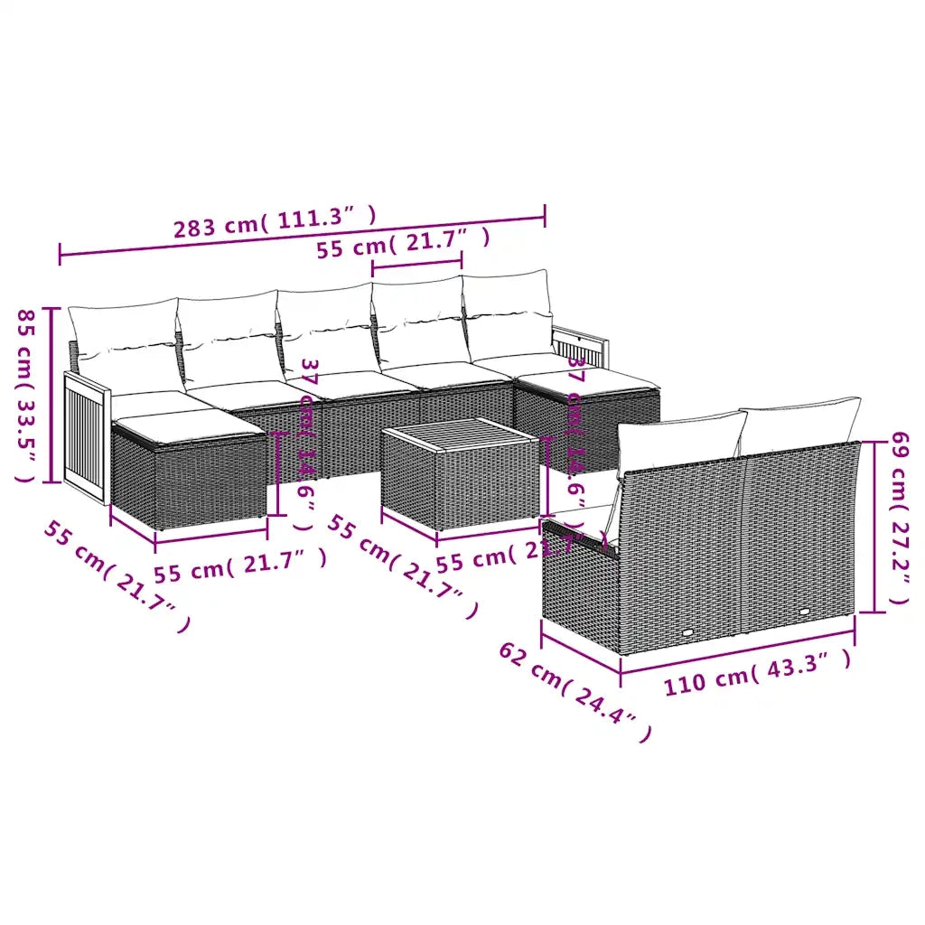 Set Divani da Giardino 10 pz con Cuscini Grigio in Polyrattan 3228063