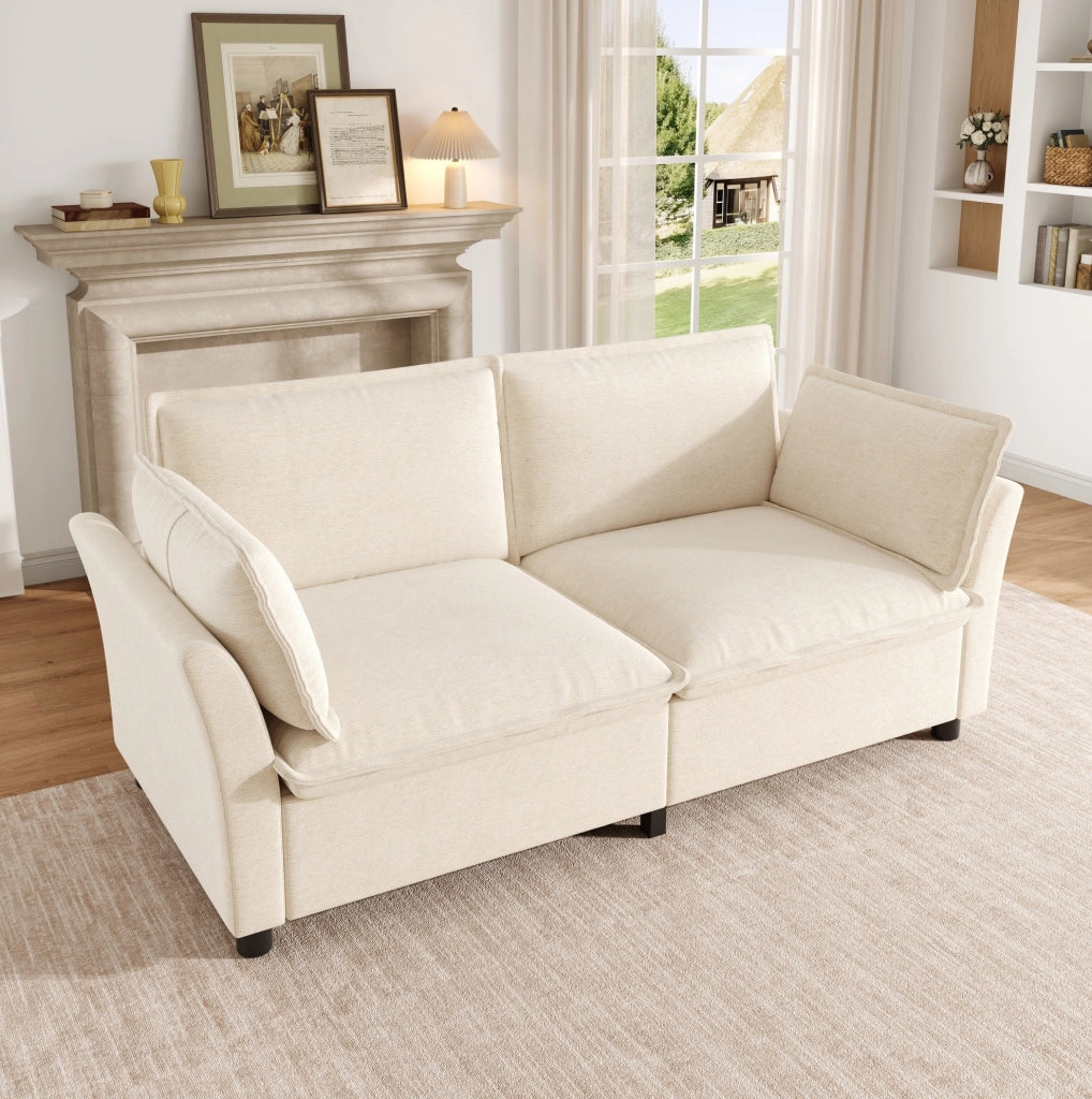Divano 2 posti in ciniglia beige con 2 cuscini