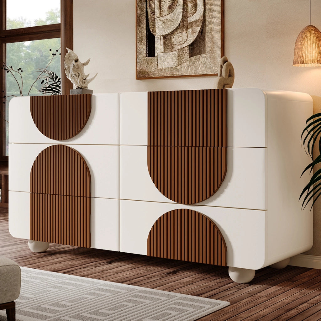 Cassettiera con 6 Cassetti Design Elegante ¨C MINIMAL ¨C Bianco con Inserti in Legno Marrone 121x71x41 cm