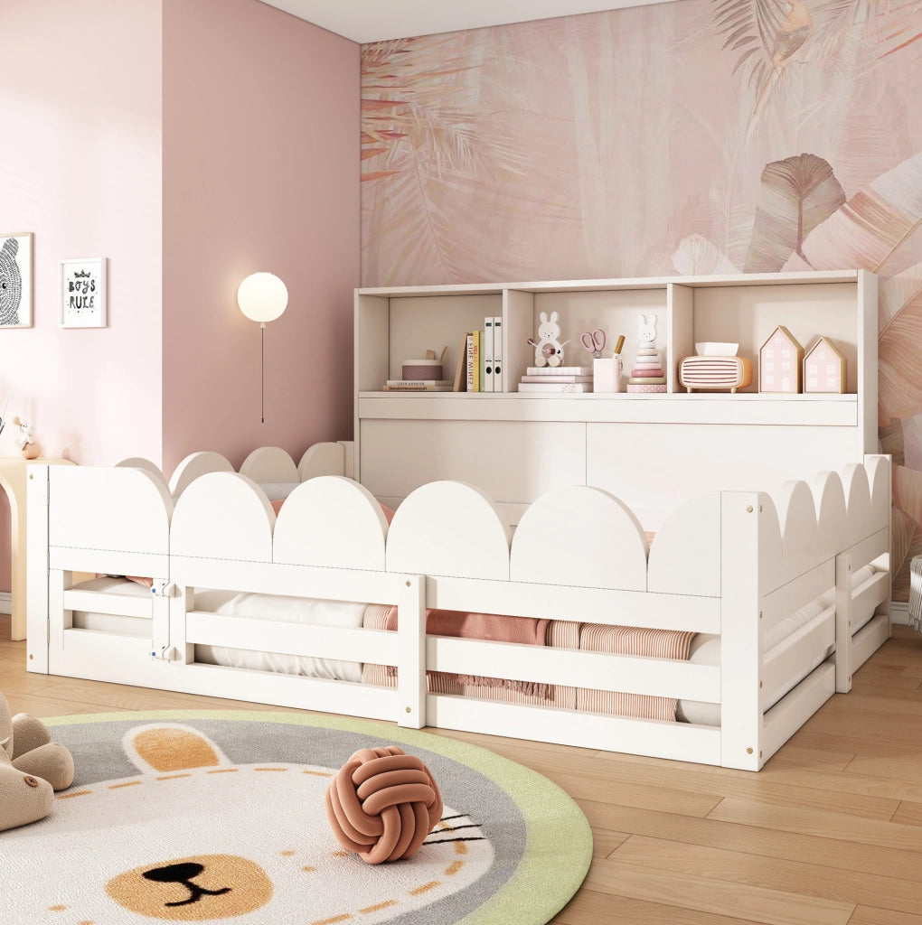Letto a pavimento per bambini 140x190 cm bianco con barriera