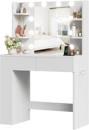 Tavolo da Trucco con Luci e Specchio, 55 x 45 cm, Comodino Moderno con Presa e Porte USB, 2 Cassetti e Scatola Laterale Regolabile, Mobile per il Make-up da Camera (Bianco)