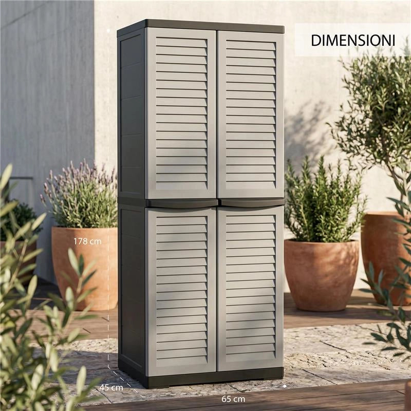ARMADIO SLIM PERSIANA IN RESINA CON PORTASCOPE, RIPIANI E PREDISPOSIZIONE LUCCHETTO - COLORE GRIGIO DIMENSIONE 65X45X178H CM