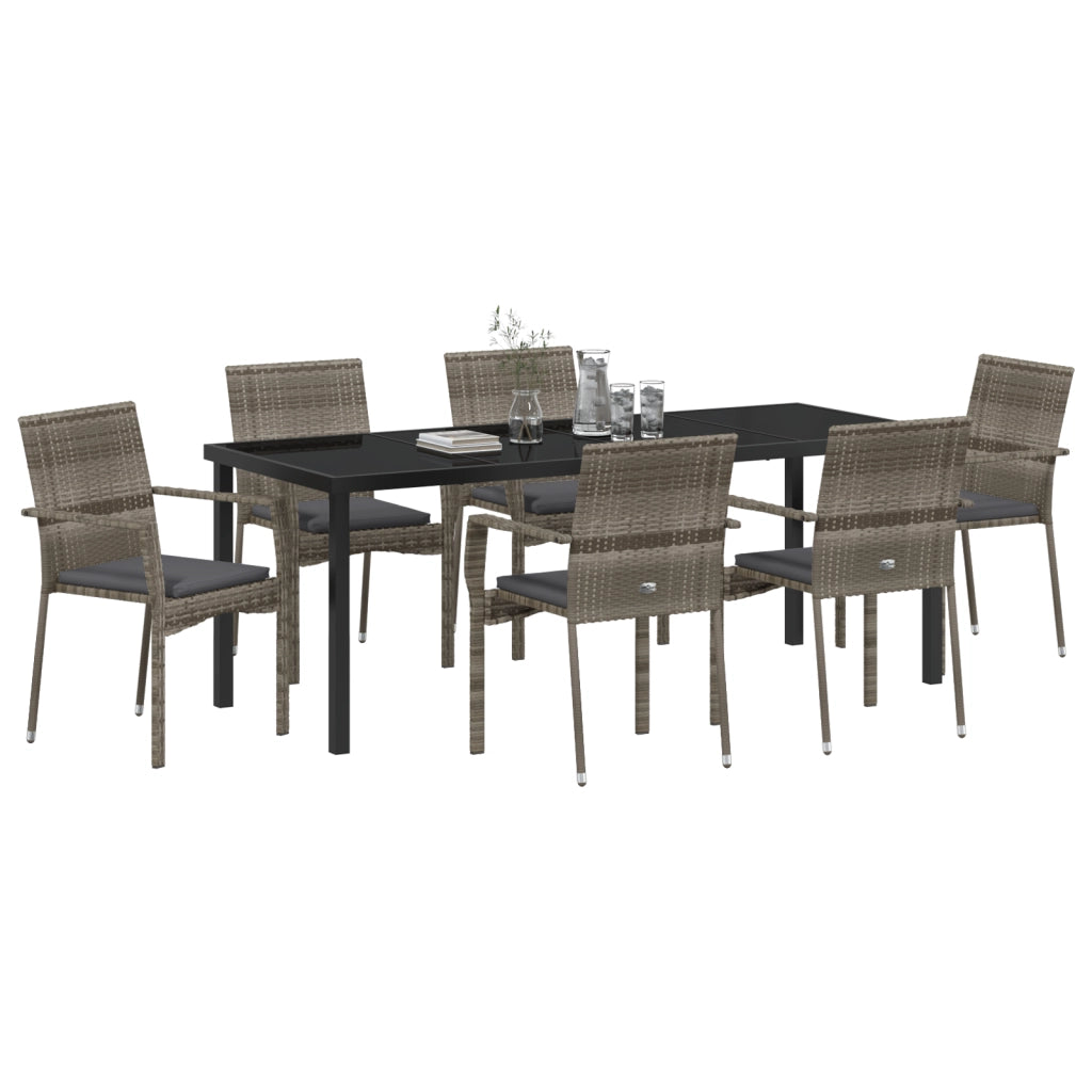 Set da Pranzo da Giardino 7 Pezzi con Cuscini Grigio Polirattan
