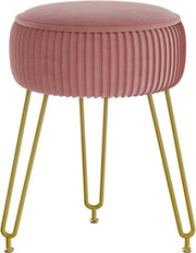 Sedia da trucco rotonda con gambe in acciaio dorato e fodera in velluto rosso.