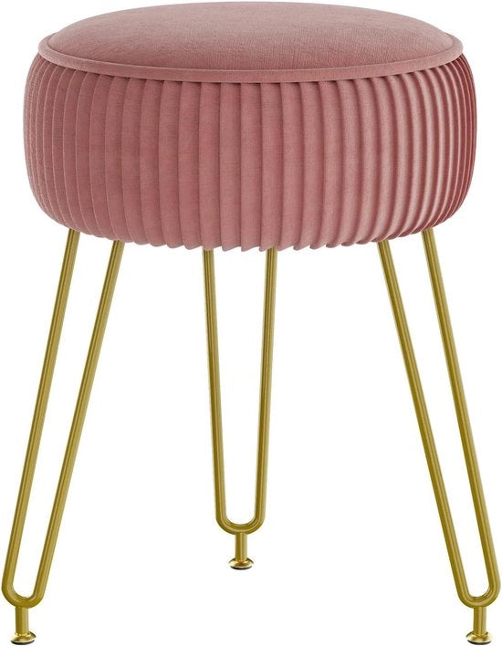 Sedia da trucco rotonda con gambe in acciaio dorato e fodera in velluto rosso.