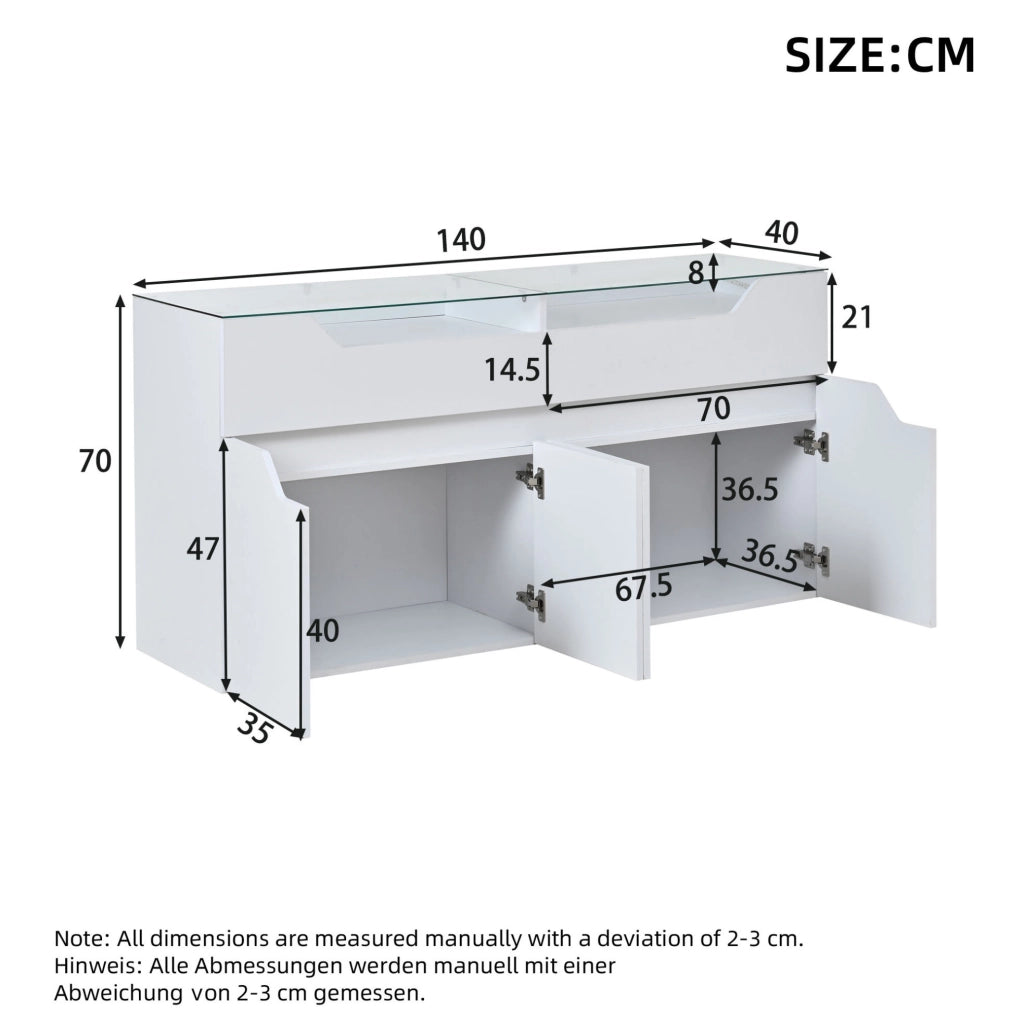 Credenza bianca 140x40x70 cm in MDF con piano in vetro e LED