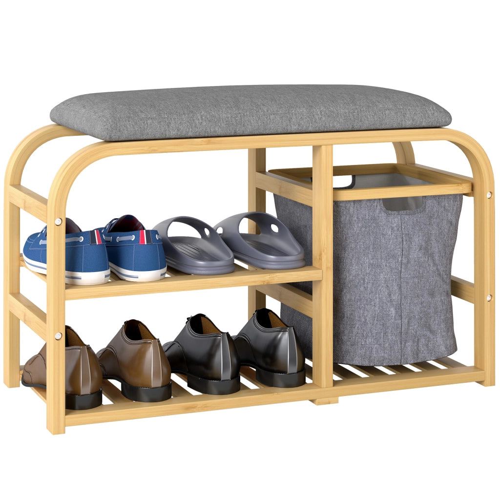 Panca porta scarpe con cuscino, ripiani a doghe e cestino scorrevole ¨C zephmum ¨C legno naturale 70x30x45cm