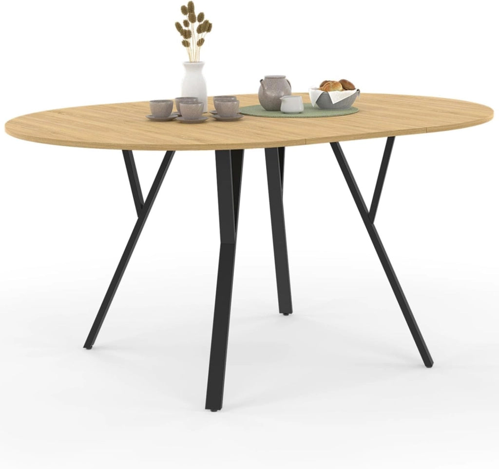YSEULT tavolo da pranzo rotondo allungabile 4-8 persone legno e nero design industriale 110-150 cm