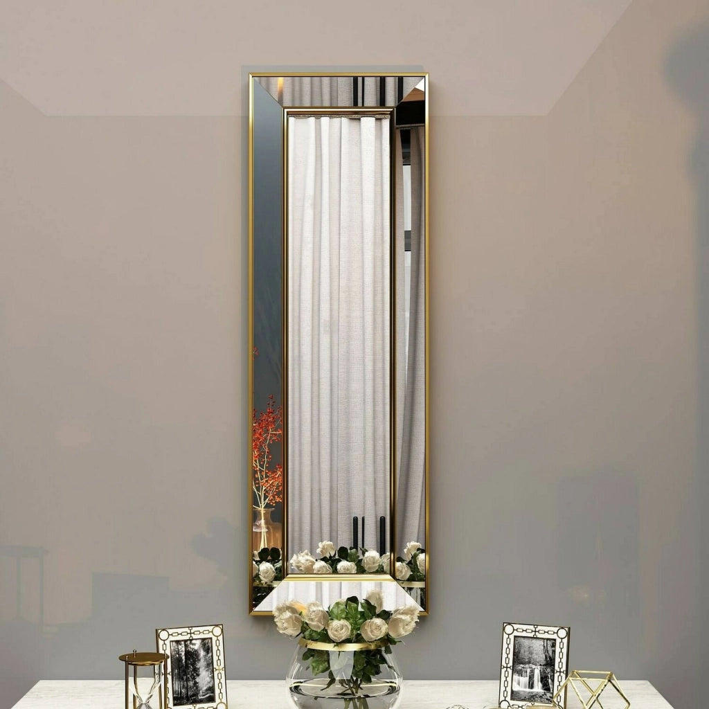 Specchio Auron, Specchiera, Articolo d'arredo a muro, Decorazione con specchio, 30x3h90 cm, Oro