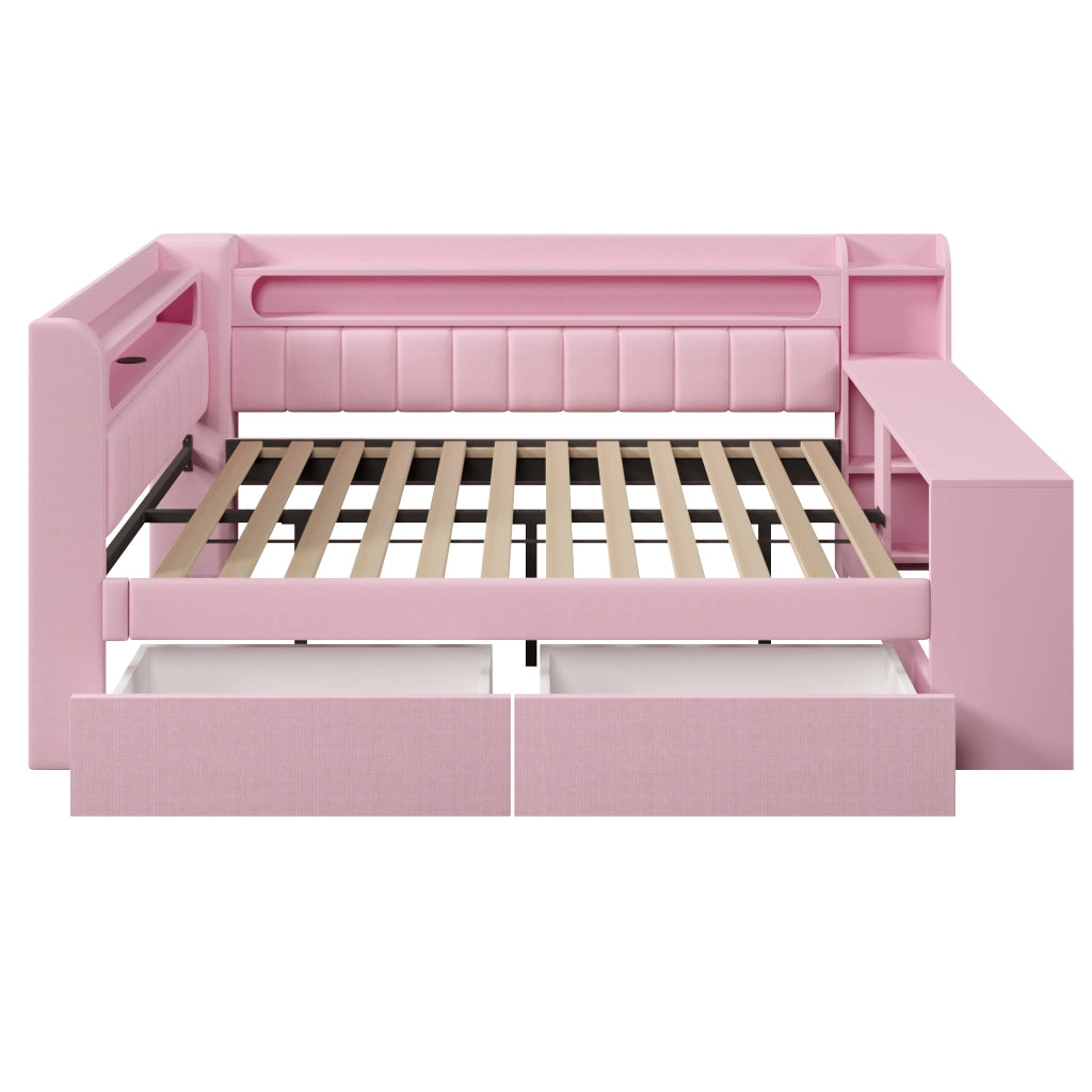 Letto imbottito rosa 140x200 cm con scrivania integrata; LED e 2 cassetti