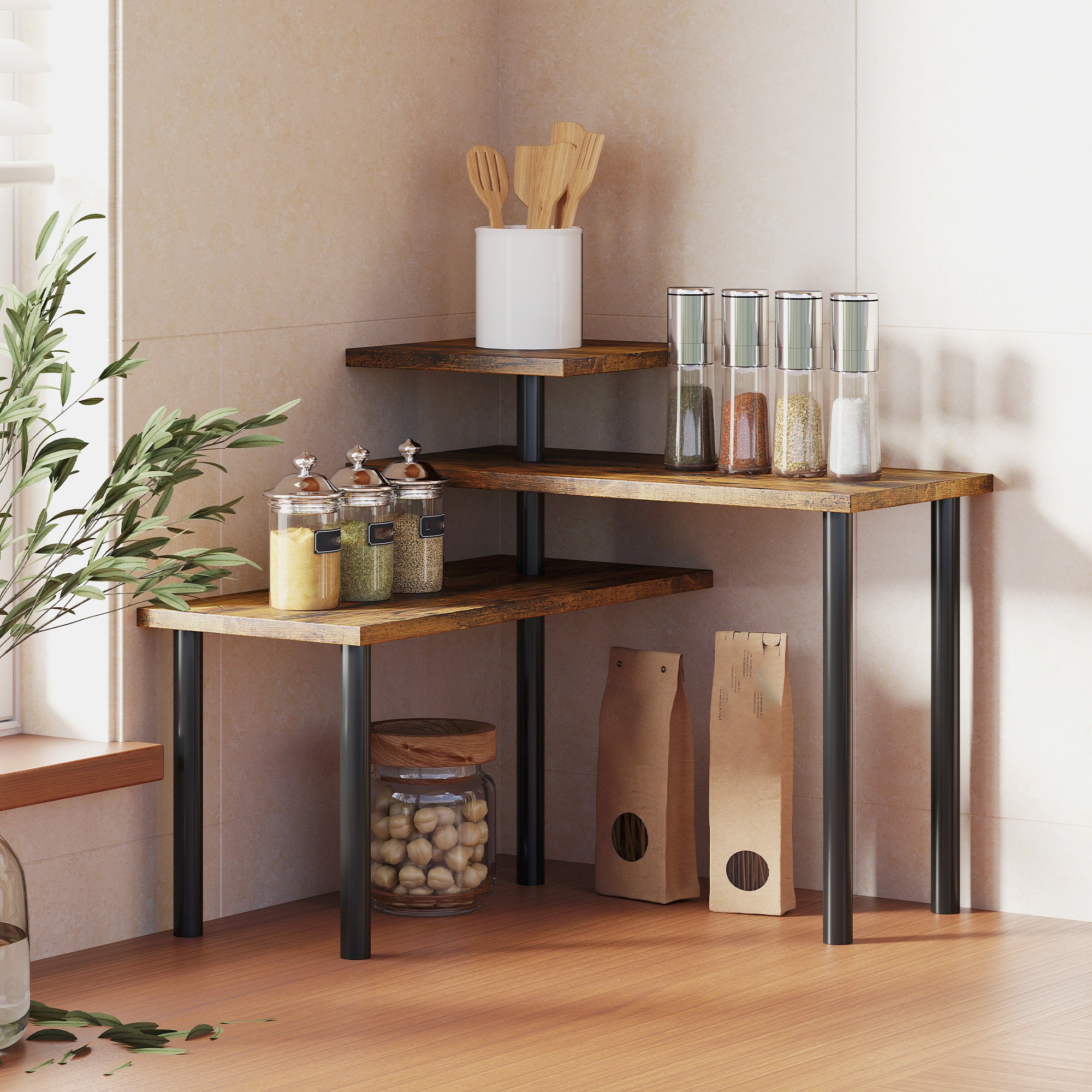 Scaffale da Cucina a 3 Livelli Girevole 40x10x36,5 cm in Legno e Acciaio Marrone Rustico