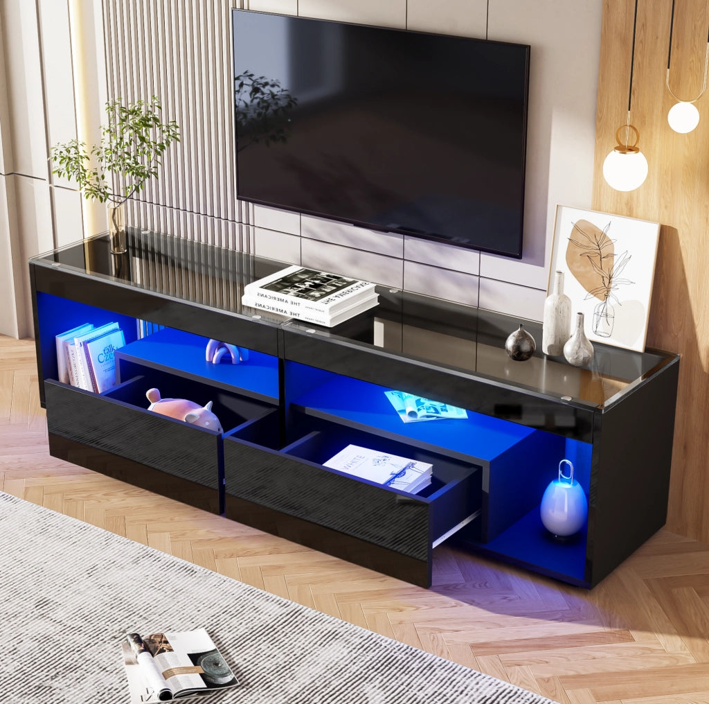 Mobile TV 180x40x46 cm con illuminazione LED e 2 cassetti in truciolato nero