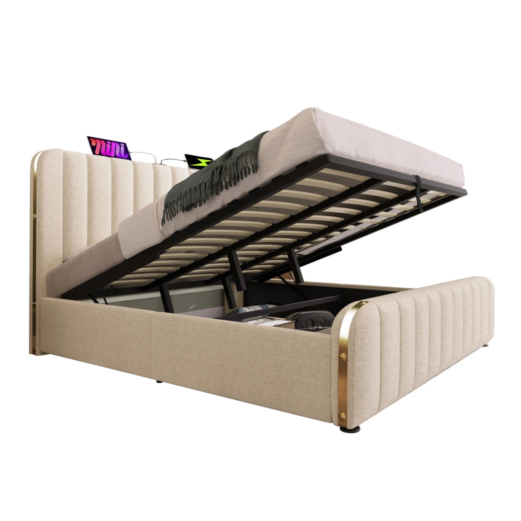 Letto matrimoniale imbottito 180x200 cm in lino beige con contenitore; USB e porta Type-C