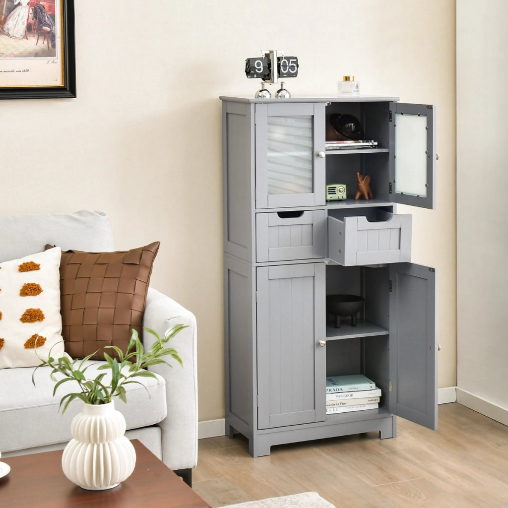 Armadio da terra con 4 ante 2 cassetti e ripiani regolabili-Mobile da bagno indipendente multifunzionale Grigio