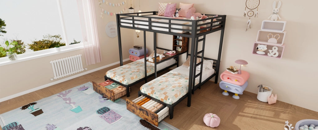 LETTO A CASTELLO 140x200+90x200 cm Nero 3 posti con 2 cassetti