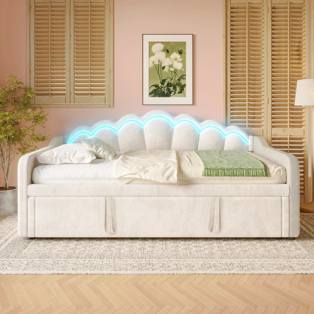 Daybed in velluto beige 90x200 estraibile a 180x200 LED colorati senza materasso