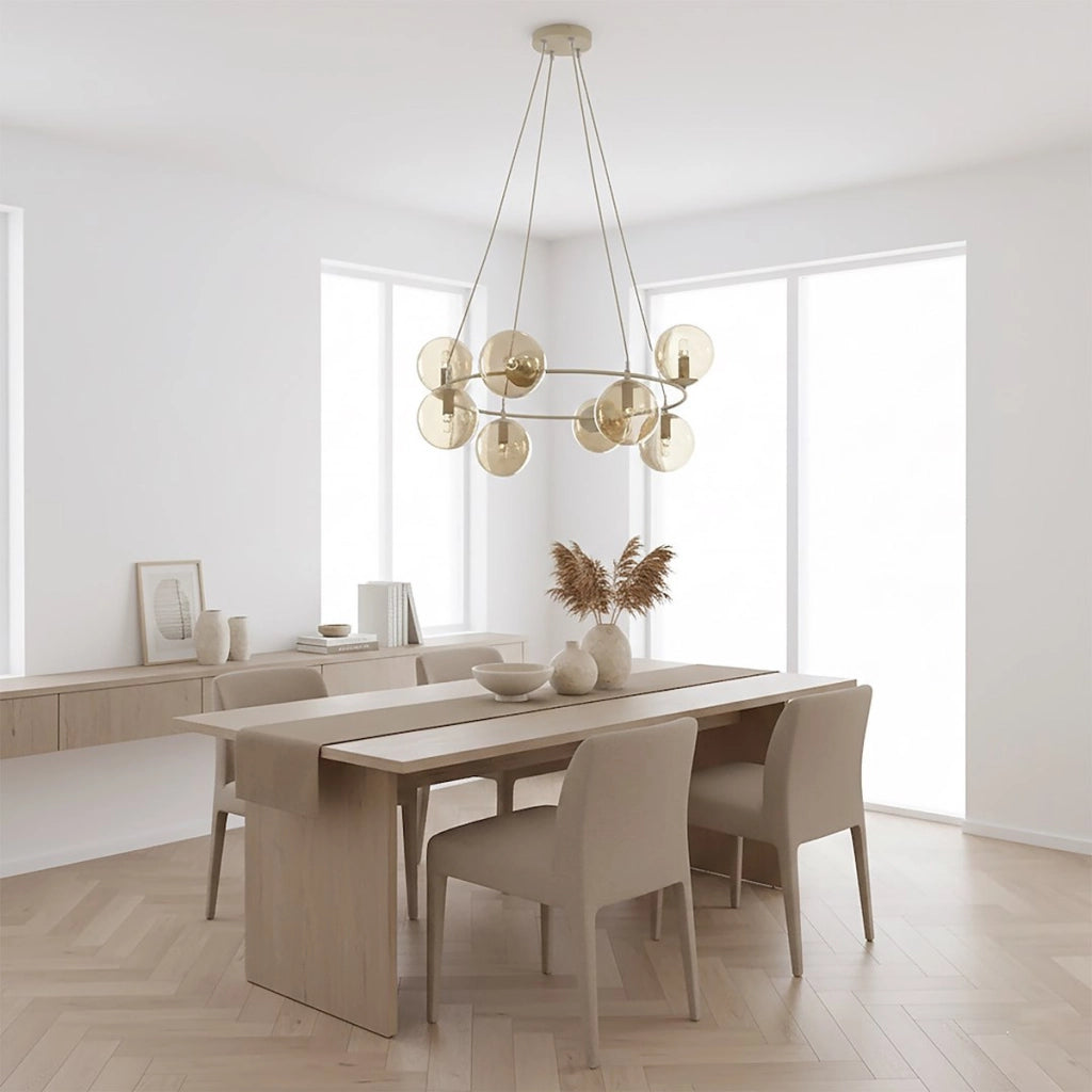 Lampada a sospensione AZURA in acciaio beige e sfere in vetro ambra