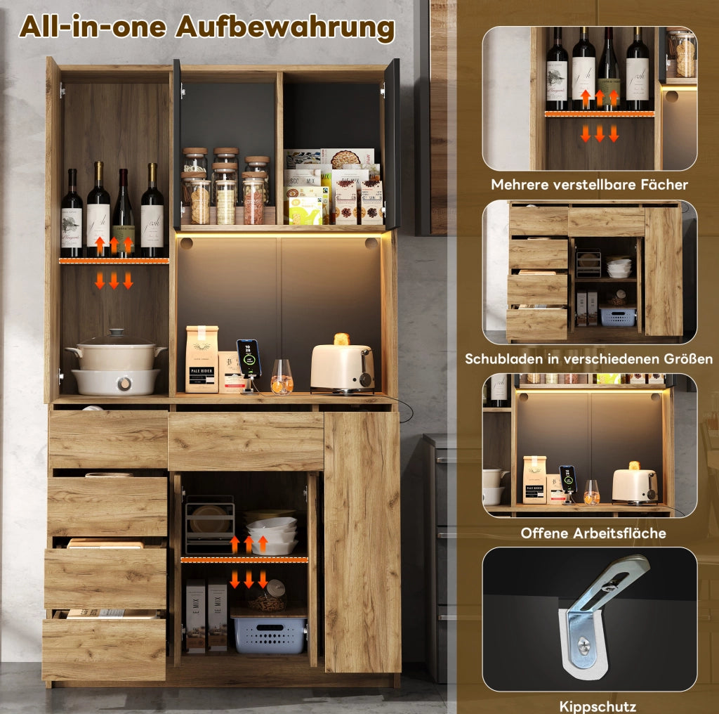 Mobile buffet da cucina con LED; presa integrata e ripiani regolabili 185 x 105 x 40 cm; nero e naturale