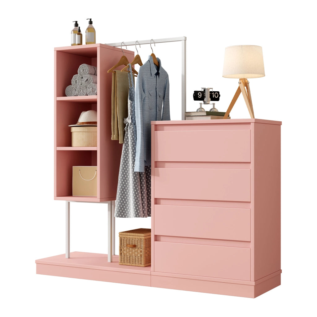 Armadio con 4 cassetti e 3 vani aperti, per ingresso, soggiorno e camera, in truciolare e metallo, rosa, 140 × 40 × 135 cm