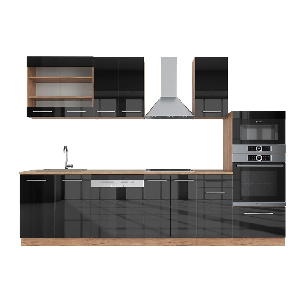 Vicco Cucina componibile Antracite lucido/oro power oak 300 cm con armadio alto, senza piano di lavoro