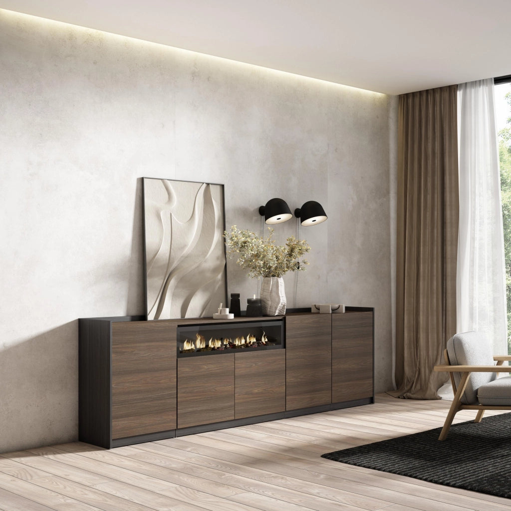 Credenza, Mobile, Cucina, 260x80x37 cm, 5 Porte, Camino elettrico, Rovere scuro e Nero