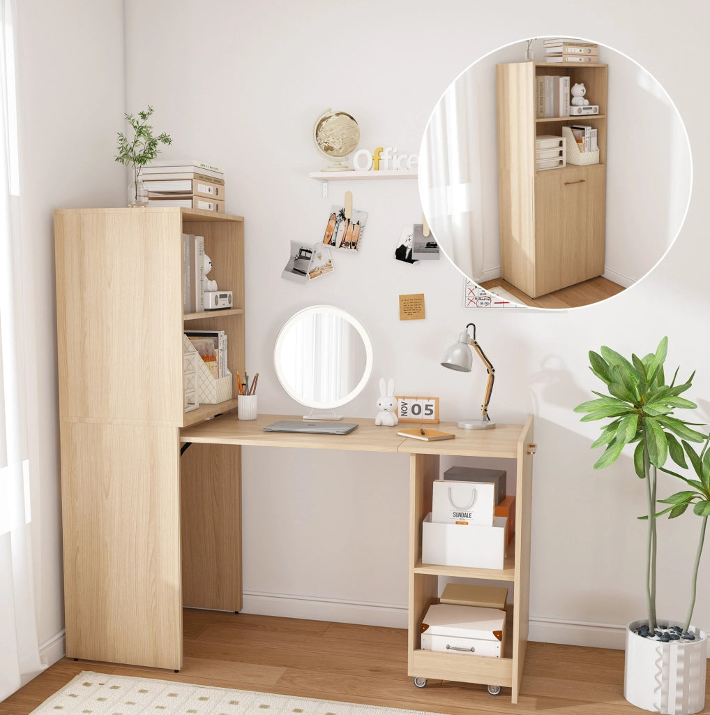 Scrivania estraibile con mobile contenitore in legno naturale