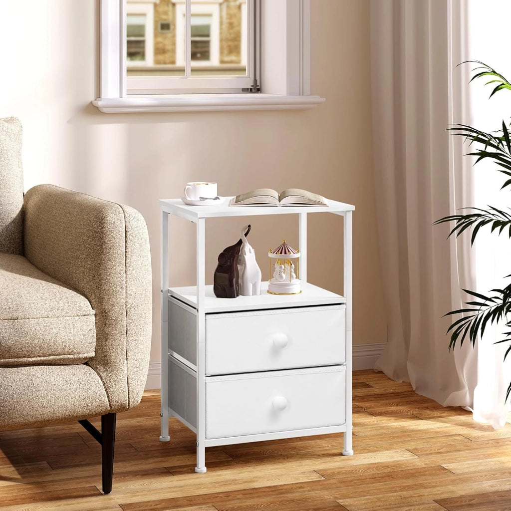 Comodino Camera da Letto, Comodino Bianco con 2 Cassetti in Tessuto e 1 Scomparto Aperto, Moderno, in Legno Metallo, 40x30x60 cm