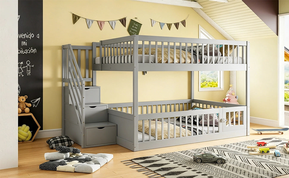Letto a castello per bambini 140 × 200 cm con scala di sicurezza e cassetti in legno grigio
