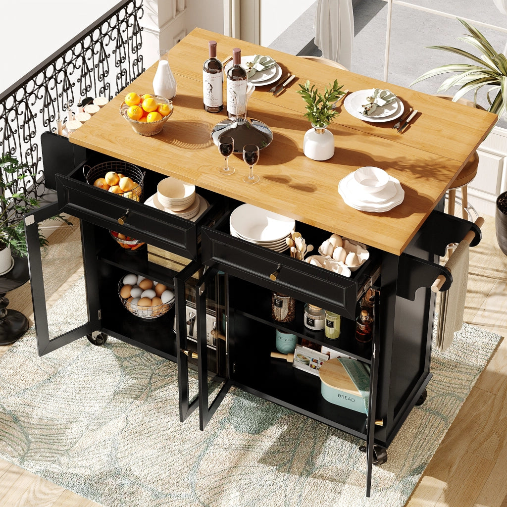 OKWISH Carrello da Cucina con Cassetto, Ripiani, Ante in Vetro e Piano Estensibile con Ruote, MDF, Nero